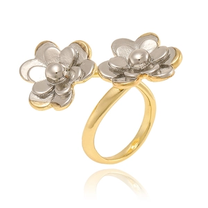Exquisite gold and silver two-tone double flower open ring on a white background