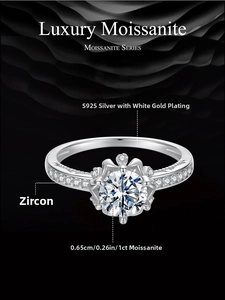 Macro detail of a 1ct moissanite ring with six-prong setting on S925 sterling silver band