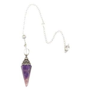 Polished hexagonal amethyst crystal pendulum with silver vintage floral metal cap on white background