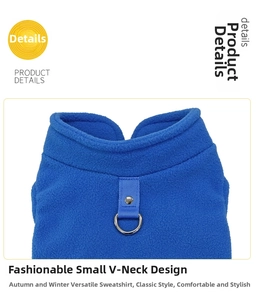 Macro shot of fleece dog vest with V-neck design and metal D-ring attachment