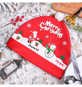 Detail of red Santa hat car headrest cover with snowman and Merry Christmas print
