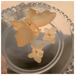 Close-up of matte orange butterfly hair claw clips set in a glass decorative tray