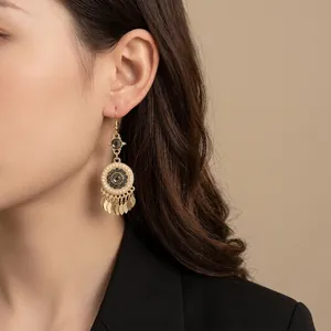 Bohemian gold water drop tassel earrings with pearls and vintage emerald stone accents