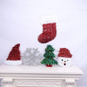 Detailed set of glittery Christmas ornaments including a stocking, hat, and silver snowflake