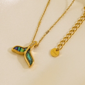Minimalist 14K gold-plated titanium steel dolphin tail necklace with abalone shell inlay