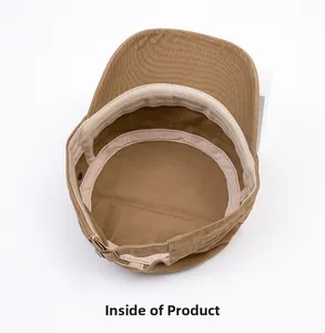 Internal view of brown cadet cap showing beige sweatband and metal adjustment buckle