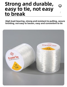 Macro shot of 0.6mm and 0.8mm clear elastic bead cords for jewelry making, 100M length