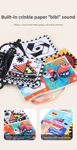 Detail of baby soft book with high contrast patterns, built-in crinkle paper and squeaker