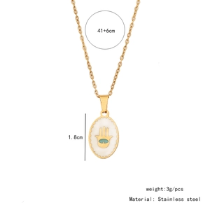 Detail of gold stainless steel necklace with enamel Hamsa eye pendant and size metrics