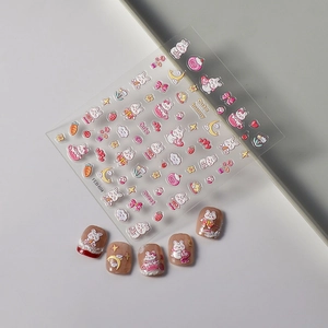 5D embossed nail stickers featuring cute pink bunnies and sweet dessert patterns