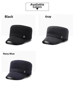 Detailed view of winter wool military caps with metal shield logos in black grey and navy