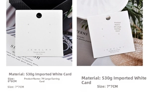 Detail of 530g white premium jewelry display cards with earring holes in 8x8cm and 7x7cm