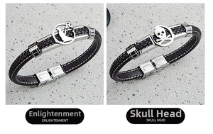 Detail of men's leather bracelets with stainless steel skull and enlightenment charms