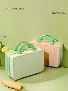 Pink and green hard shell makeup cases with sturdy handles shown in a vertical studio shot