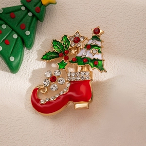 Christmas red boot brooch with reindeer and tree details in gold frame and rhinestones