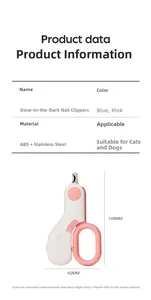 Detailed size specifications for LED pet nail clippers in blue and pink finishes