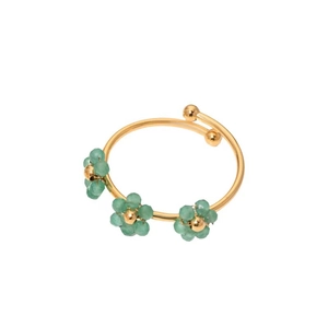 18k gold plated stainless steel open ring with three green beaded flower charms