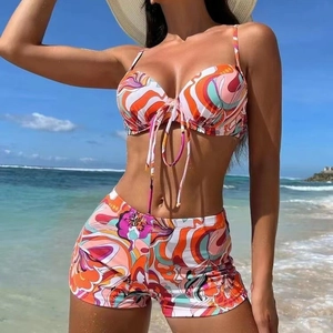 Women Swimsuit Top And Bottom Floral Print Underwire Padded High Waisted Boyshorts Polyester Spandex Beach Bathing Suit