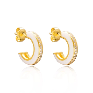 Elegant C-shaped hoop earrings in gold-plated silver with white enamel and zircons