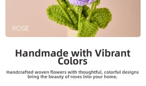Detailed view of handmade purple crochet rose potted plant with delicate green leaves