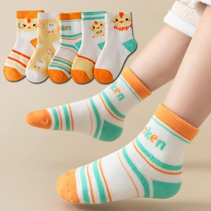 Set of 5 colorful cotton knee-high socks for toddlers with cute chicken cartoon patterns
