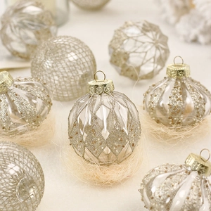 Elegant transparent painted PET Christmas balls with gold glitter and geometric patterns