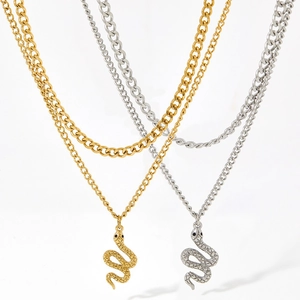 Double-layered stainless steel necklace with snake pendant in gold and silver finish