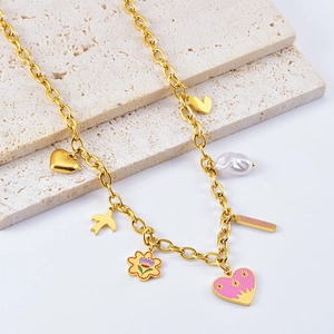 Stainless Steel Multi Charm Necklace Enamel Heart Flower Bird Artificial Pearl Amour Tag Gold Plated Retro Jewelry For Women