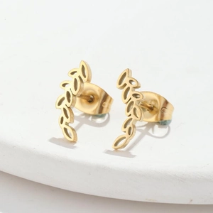Elegant gold stainless steel ear studs with a minimalist hollow wheat ear leaf design