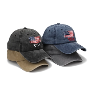 Vintage cotton baseball caps with USA flag embroidery in black, blue, khaki and grey