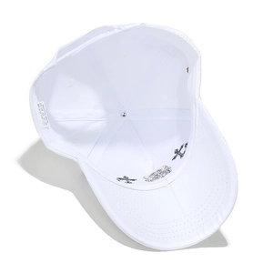 Detail of white polyester baseball cap interior with adjustable plastic snap closure