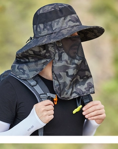 Detail of camouflage sun hat with protective mesh face and neck cover for fishing