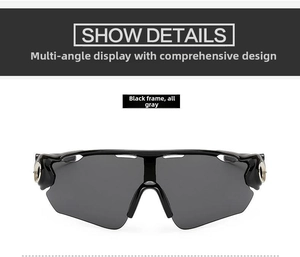 Detail view of sports sunglasses featuring black semi-rimless frame and gold accents