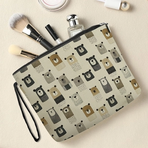 Cartoon bear printed cosmetic bag with zipper and hand strap for outdoor storage