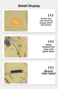 Detail der warmen Haustierjacke mit Metalldruckknöpfen, Fleecefutter und Welpen-Aufnäher