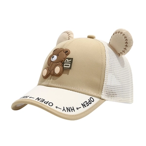 Kids breathable mesh baseball cap featuring cute 3D bear ears and brown bear embroidery