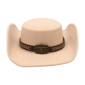 Classic beige western cowboy hat with brown leather band and bronze bull head ornament