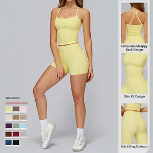 Ensemble de yoga brossé pour femmes avec débardeur dos croisé et short taille haute
