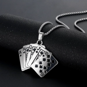 Pendentif quinte flush royale en argent sur chaîne gourmette en acier pour hommes et femmes