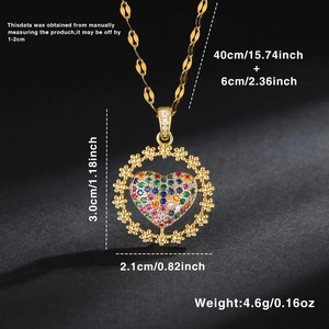 Detailed view of heart pendant with colorful zircons and 46cm gold chain dimensions