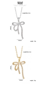 Detail of bow pendant necklace showing dimensions and silver and gold color options
