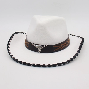 Classic white felt cowboy hat with leather band, metal bull head ornament, and wide brim