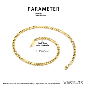 Detail view of 5mm gold stainless steel curb chain with measurements and lobster clasp