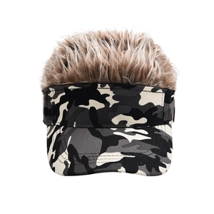 Camouflage visor hat with integrated brown synthetic hair wig for men in hip hop style