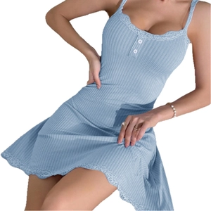 Slim fit light blue ribbed knit mini dress with white lace trim and button detail