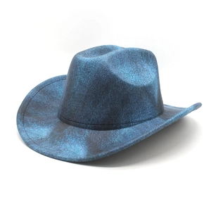 Cappello da cowboy blu con texture marmorizzata, tesa larga e corona concava su sfondo bianco