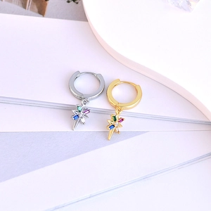 S925 silver star hoop earrings with colorful zircon pendants in gold and silver finish