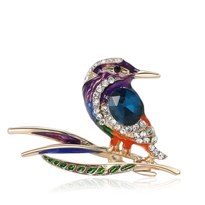 Elegant alloy woodpecker brooch with blue rhinestones and colorful enamel accents