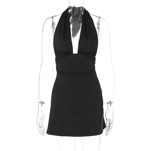 Detail view of black deep V-neck halter mini dress with slim fit and high waist design