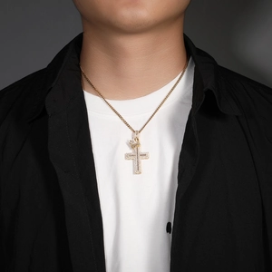 Iced out gold crown cross pendant necklace with clear zircons for hip hop men fashion